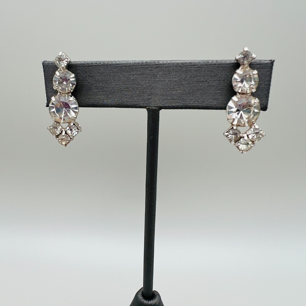 Vintage Rhinestone Dangle Earrings Screw Back Silver Tone Drop Elegant